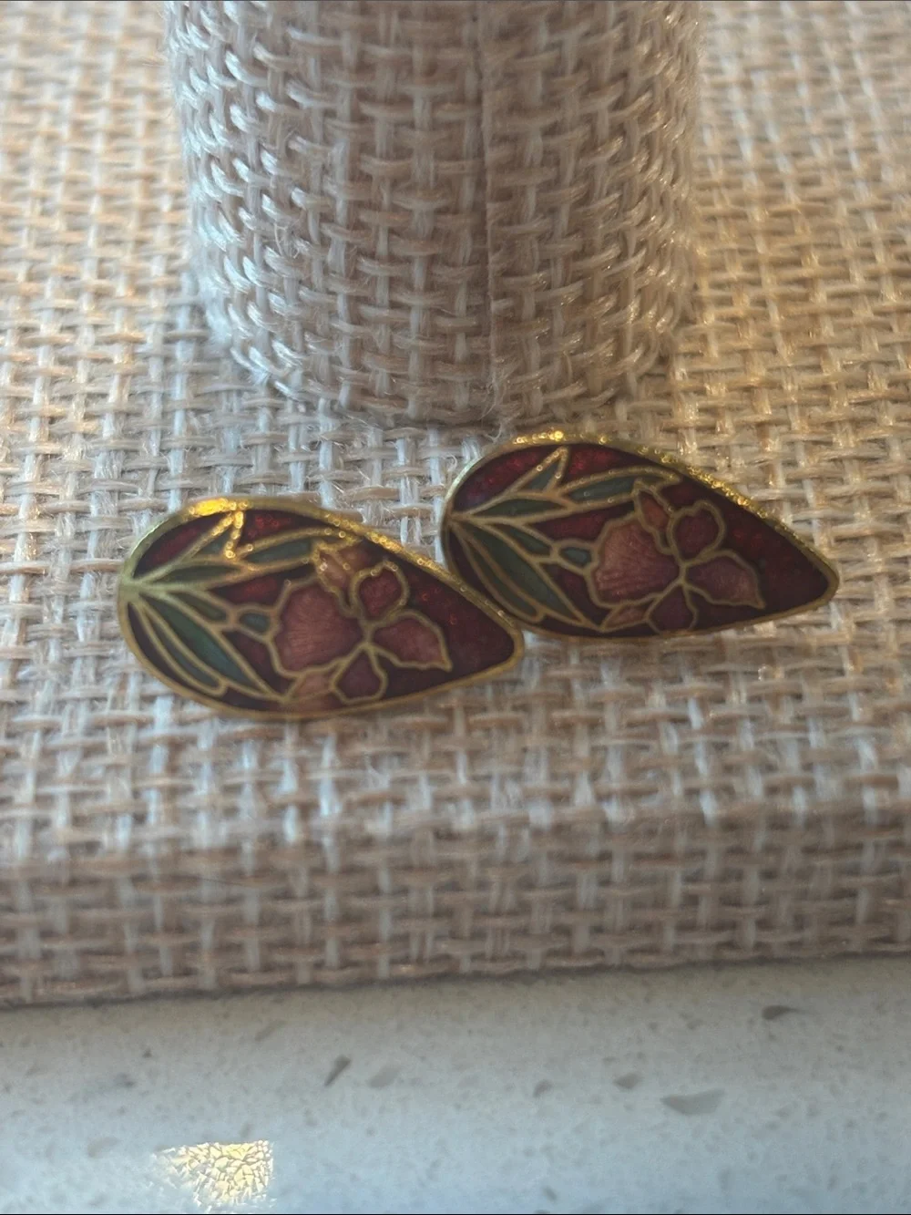 Vintage Cloisonne Enamel Teardrop Earrings Gold Tone Maroon Pink Floral 1980s